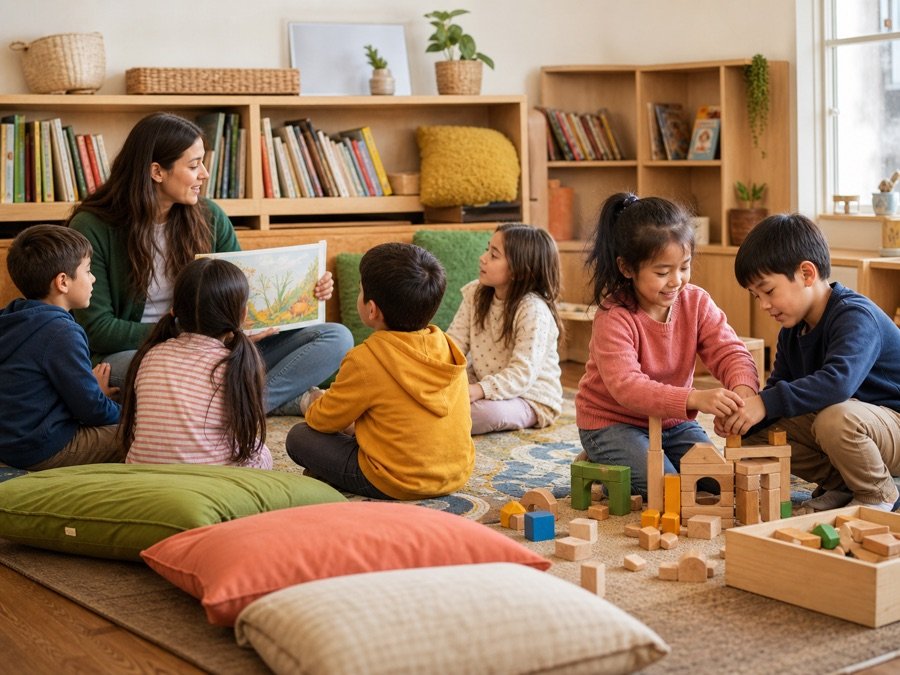 Niñas y niños participando en lectura y juegos de construcción