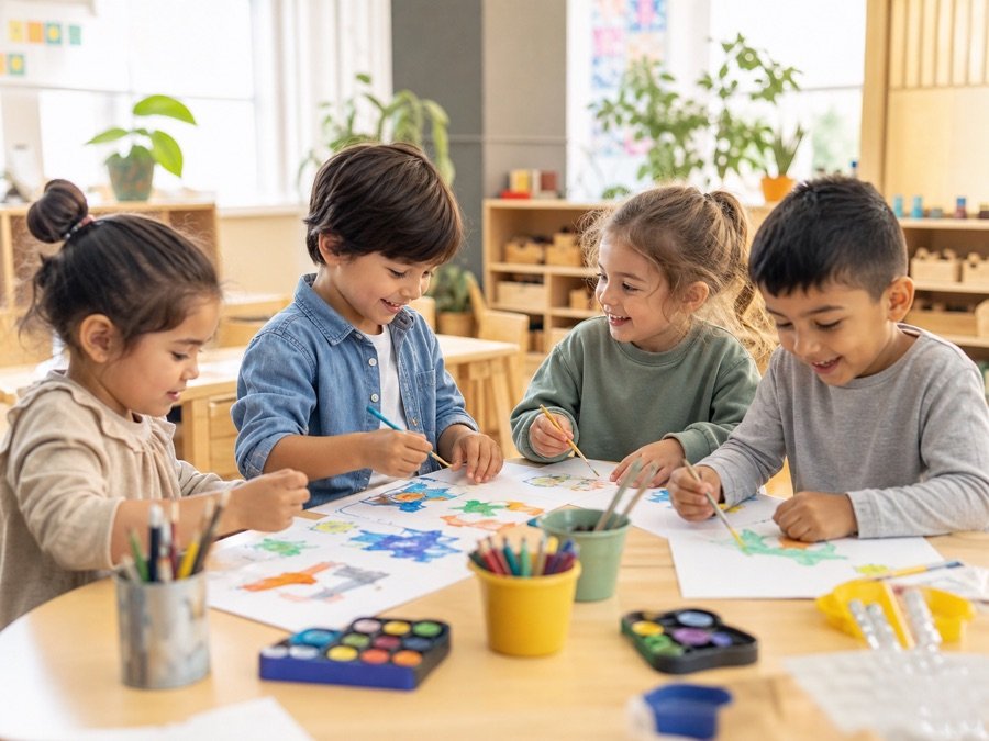 Niñas y niños realizando actividades artísticas en el jardín infantil